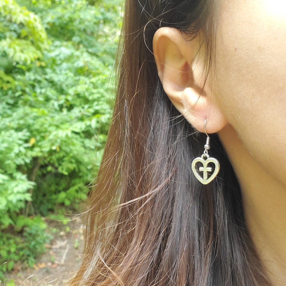New Handmade Dainty Silver Cross Heart Earrings - Picture 10 of 15
